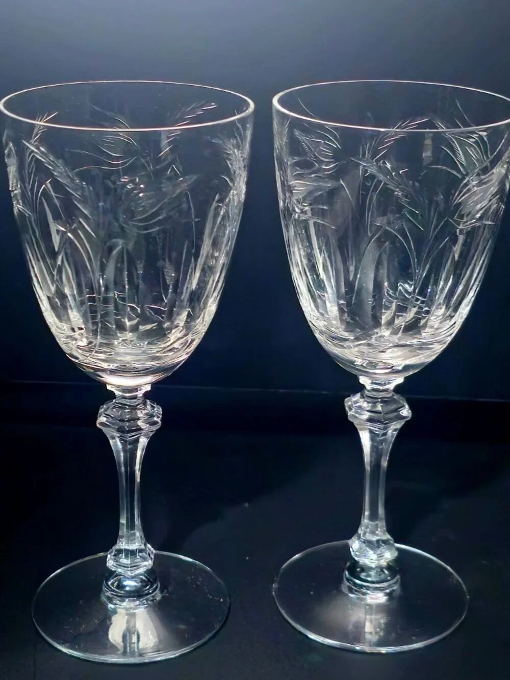 2 Tiffin Franciscan Moss Ross Water Goblets Etched Crystal Wine Glasses rare 60s